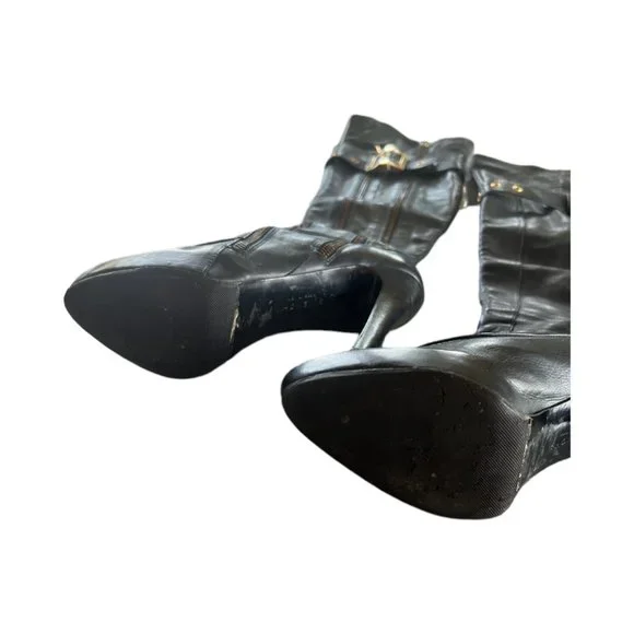 Givenchy Thigh-High Navy Leather Boots with Zippers And Buckles